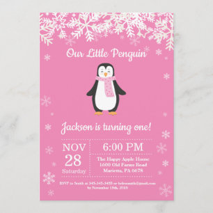 Penguin Winter Pink Birthday Uitnodiging