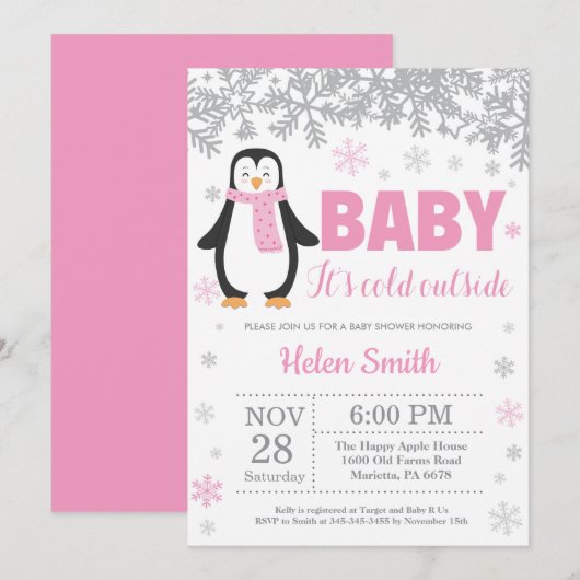 Penguin Winter Pink Girl Baby shower Snowflake Kaart (Voorkant / Achterkant)