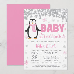 Penguin Winter Pink Girl Baby shower Snowflake Kaart