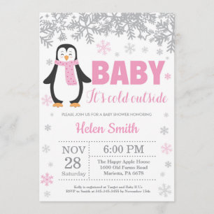 Penguin Winter Pink Girl Baby shower Snowflake Kaart