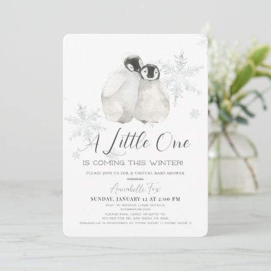 Penguin Winter Snowflake Blue Virtual Baby shower Kaart (Staand voorkant)
