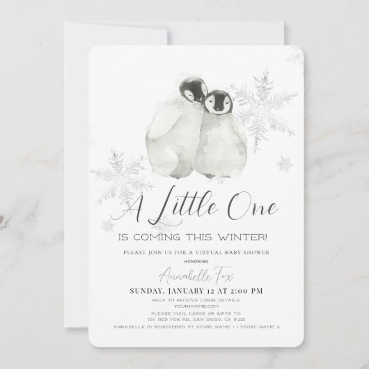 Penguin Winter Snowflake Blue Virtual Baby shower Kaart (Voorkant)