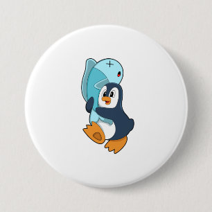 Penguin with Fish Ronde Button 7,6 Cm