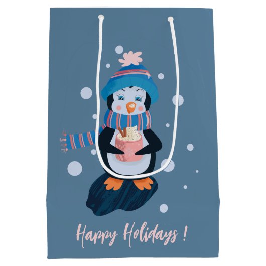 Penguin with Hot Cocoa Blue Holiday Gift Bag Medium Cadeauzakje (Achterkant)