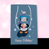 Penguin with Hot Cocoa Blue Holiday Gift Bag Medium Cadeauzakje