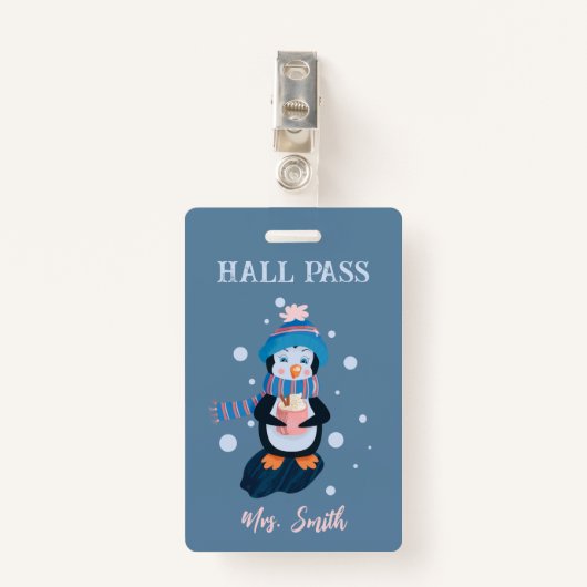 Penguin with Hot Cocoa Winter Blue Hall Pass Badge (Voorkant met clip)