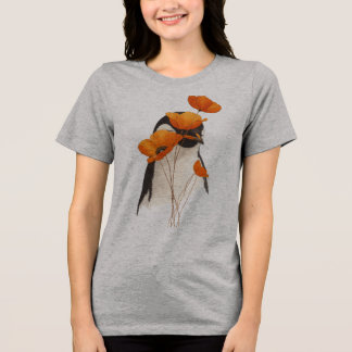 Penguin with Orange Poppy Flowers Botanical Art T- Tri-Blend Shirt