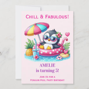 Penguin Zwembad Feest Verjaardagsuitnodiging Meisj Kaart