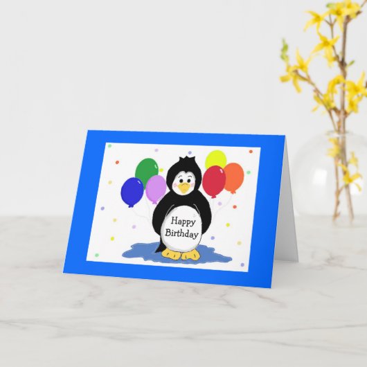 Penguins and Balloons Birthday Greeting Kaart (Gele Bloem)