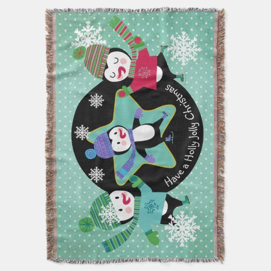 Penguins Holly Jolly Kerstfeestdag Throw Deken (Voorkant Verticaal)