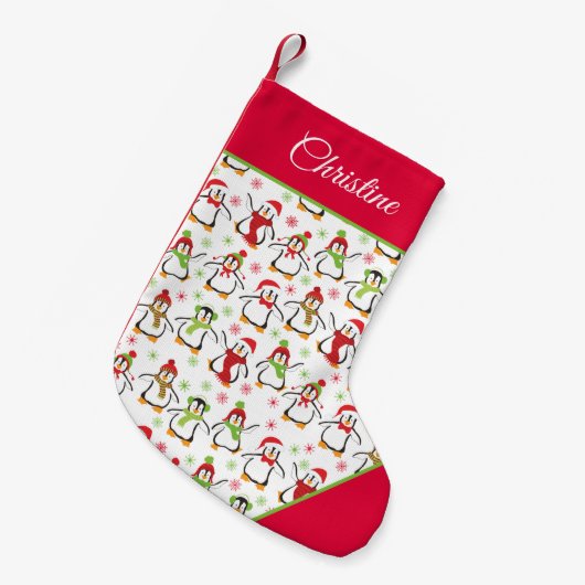 Penguins Red en Green Pattern Kleine Kerstsok (Voorkant (Hangend))