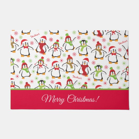 Penguins Red en Green Pattern Merry Kerstmis Deurmat (Voorkant)