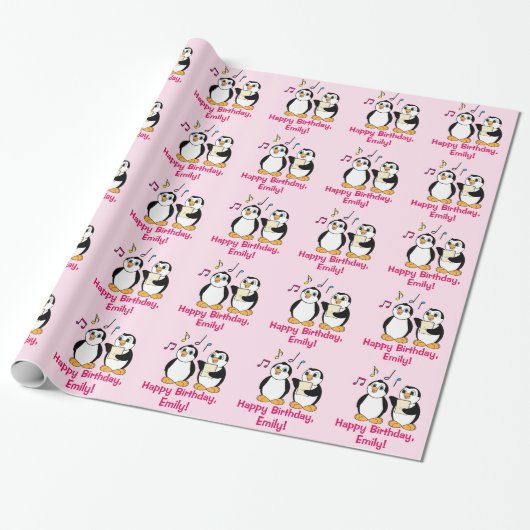 Penguins Singing Happy Birthday Name  Cadeaupapier (Uitgerold)