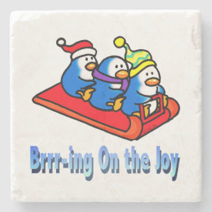 Penguins Sledding Winter Vakantie Scene Stenen Onderzetter