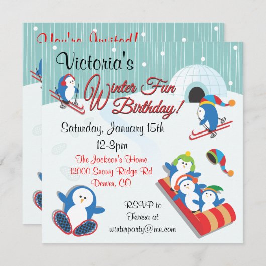 Penguin's Winter Fun Anniversaire Invitations (Devant / Derrière)
