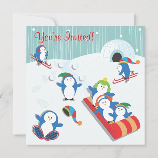 Penguin's Winter Fun Anniversaire Invitations (Dos)