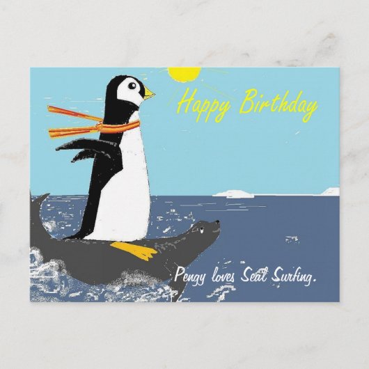 Pengy houdt van zeehondensurfen. briefkaart (Voorkant)