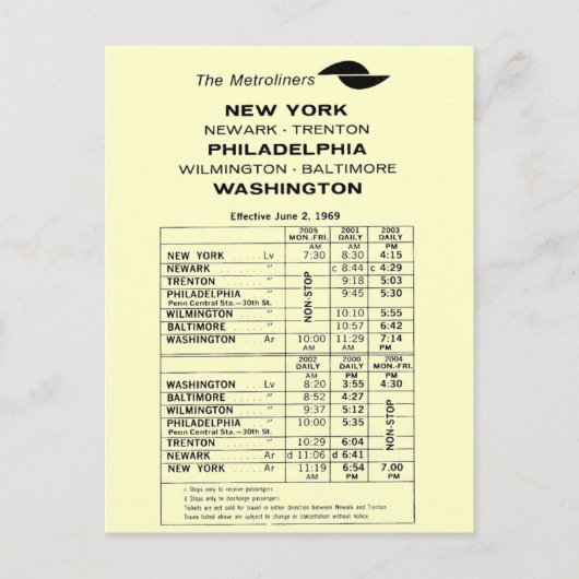 Penn Central Railroad Metroliner Timtable Briefkaart (Voorkant)