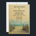 Pensacola Beach Vintage Wedding Invitation<br><div class="desc">Vintage Pensacola Florida Wedding Invitations avec une belle scène de plage de sable avec clôture en bois et nuages bouffants dans un ciel bleu. Ce design rétro cool du milieu du siècle est le moyen idéal pour rassembler les invités à votre mariage de plage de destination. Correspondance Enregistrer les dates,...</div>