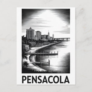 Pensacola Florida Silhouet Zwart Wit Houtsnede Feestdagenkaart