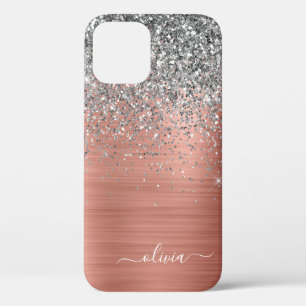 Penseel metalen Roos Gold Silver Glitter Monogram iPhone 12 Hoesje