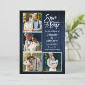 Penseel Script Blue Wood Couple 4 Foto Save The Date (Staand voorkant)