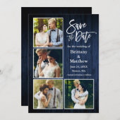 Penseel Script Blue Wood Couple 4 Foto Save The Date (Voorkant / Achterkant)