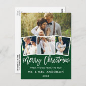 Penseel script bruiloft Kerstmis 4 Foto groen Briefkaart (Voorkant / Achterkant)