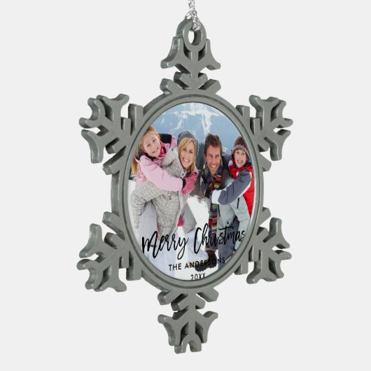 Penseel Script Family Photo Merry Kerstmis Tin Sneeuwvlok Ornament (Links)