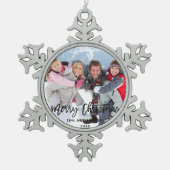 Penseel Script Family Photo Merry Kerstmis Tin Sneeuwvlok Ornament (Voorkant)