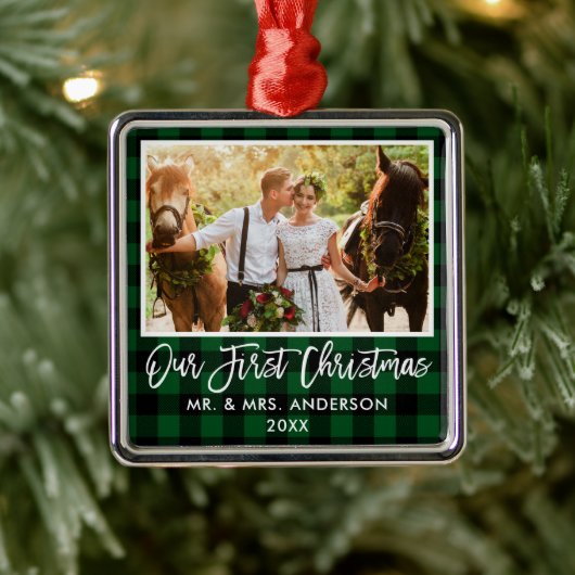 Penseel-script Green Pset Wedding First Kerstmis Metalen Ornament (Boom)