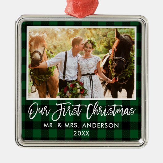 Penseel-script Green Pset Wedding First Kerstmis Metalen Ornament (Voorkant)