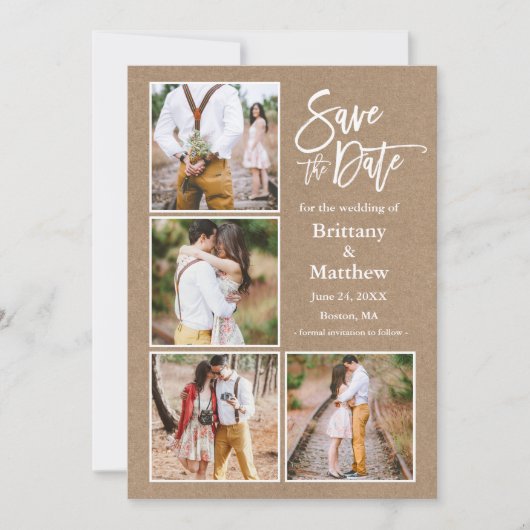 Penseel Script Kraft 4 Foto Verloving Save The Date (Voorkant)