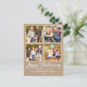 Penseel Script Kraft Family 4 Foto Thanksgiving Briefkaart (Staand voorkant)