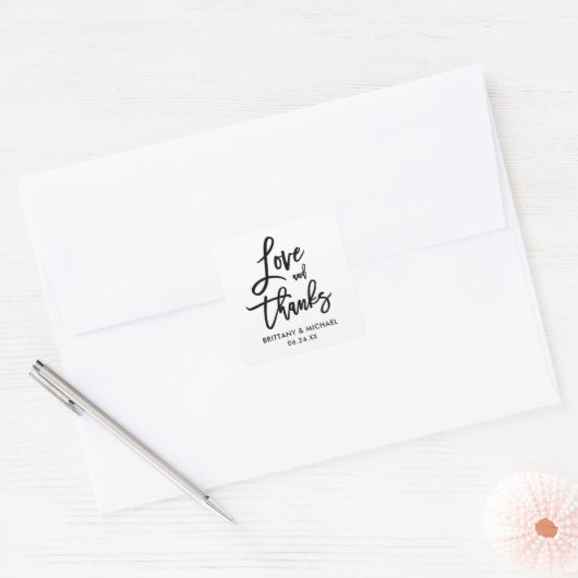 Penseel-Script-liefde en Bedankt Envelopzegels Vierkante Sticker (Envelop)
