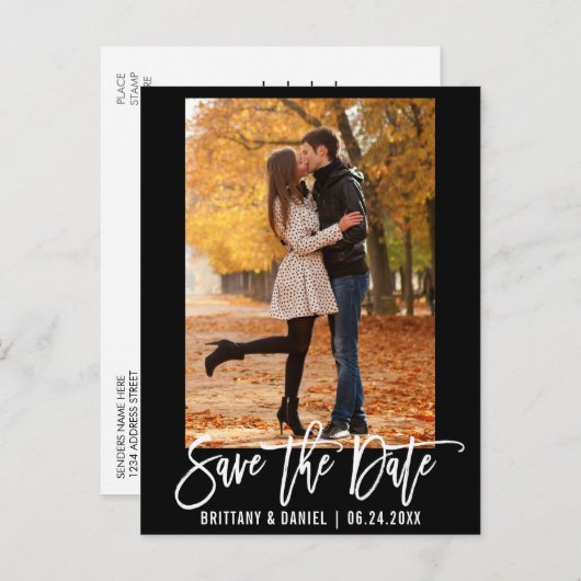 Penseel Script Modern Couple Photo Save the Date Briefkaart (Voorkant / Achterkant)