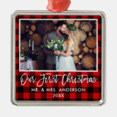 Penseel Script Red Pset Wedding First Kerstmis Metalen Ornament (Voorkant)