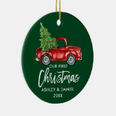 Penseel Script Red Truck First KerstGreen Keramisch Ornament (Rechts)