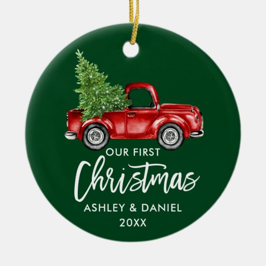 Penseel Script Red Truck First KerstGreen Keramisch Ornament (Voorkant)