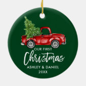 Penseel Script Red Truck First KerstGreen Keramisch Ornament (Achterkant)