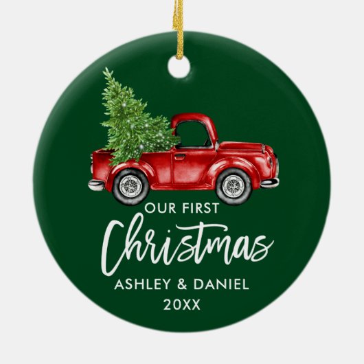 Penseel Script Red Truck First KerstGreen Keramisch Ornament (Achterkant)