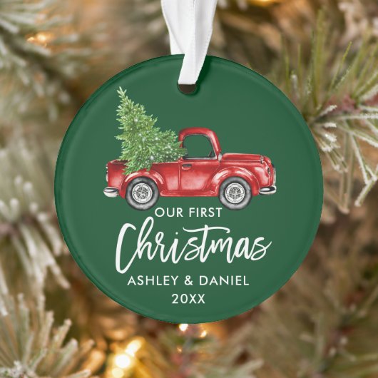 Penseel Script Red Truck First KerstGreen Ornament (Boom)