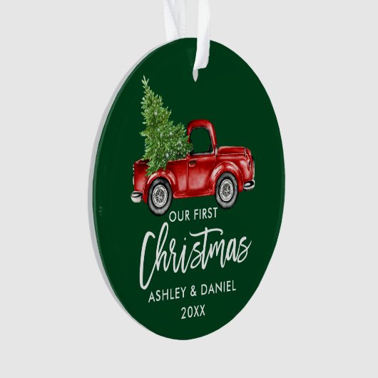 Penseel Script Red Truck First KerstGreen Ornament (voorkant)