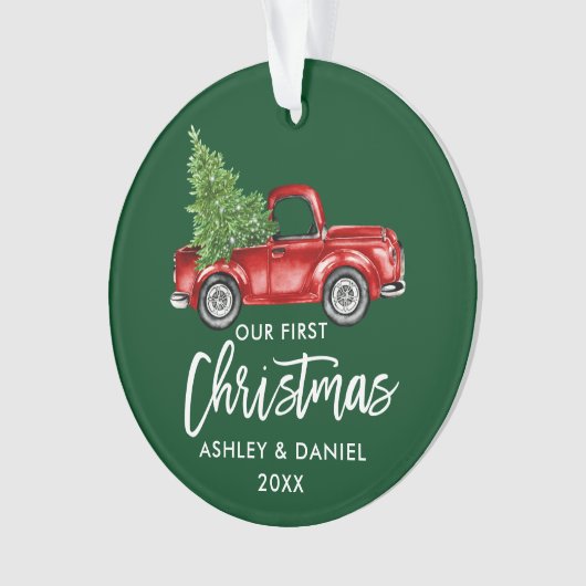 Penseel Script Red Truck First KerstGreen Ornament (voorkant)