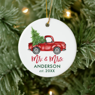 Penseel Script Red Truck Mr en Mrs. Keramisch Ornament