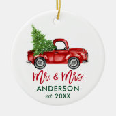 Penseel Script  Red Truck Mr en Mrs. Keramisch Ornament (Voorkant)