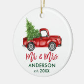 Penseel Script  Red Truck Mr en Mrs. Keramisch Ornament (Links)