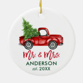 Penseel Script  Red Truck Mr en Mrs. Keramisch Ornament (Achterkant)