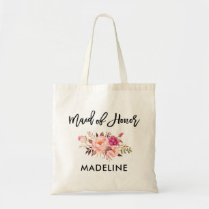 Penseel Script Roze Blush Floral Maid of Honor Tote Bag