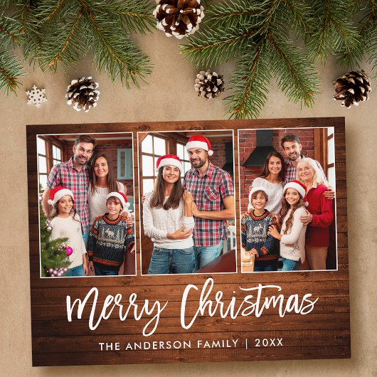 Penseel Script Rustic Wood 3 Kerstmis foto Briefkaart